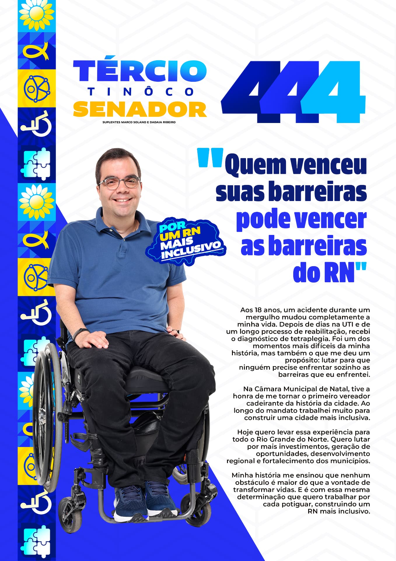 Tércio Tinôco em sua cadeira de rodas, apresentando sua história e compromisso com um RN inclusivo